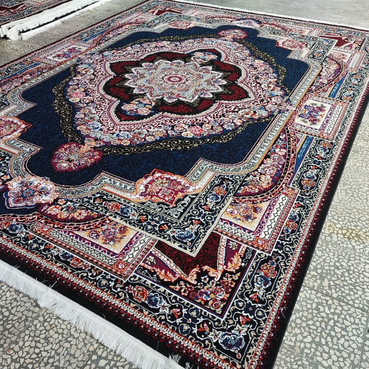 فرش 500 شانه تراکم 1500 طرح باغ معلق سرمه ای(+فیلم کیفیت فرش)